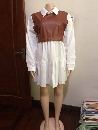 Long Sleeves Loose Contrast Color Pleated Split-joint Lapel Mini Dresses