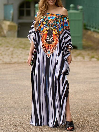 Batwing Sleeves Loose Printed Split-side Striped V-neck Beach Cover-up Maxi Dresses