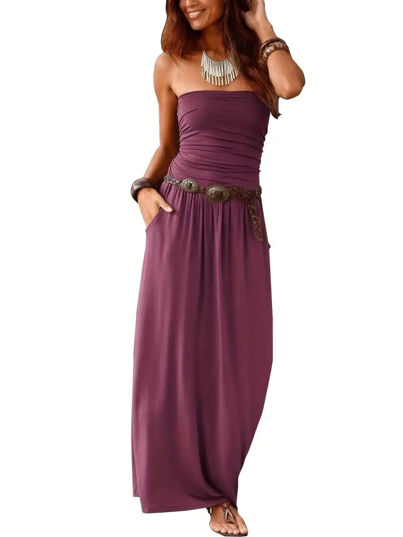 Color Versatile Strapless Maxi Dress With Pockets
