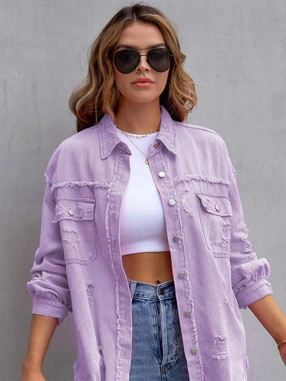 Holes Raw-edges Denim Jacket Spring Autumn Shirt Style Jeancoat Top Rose-red Orange Purple Outerwear Lady Coat