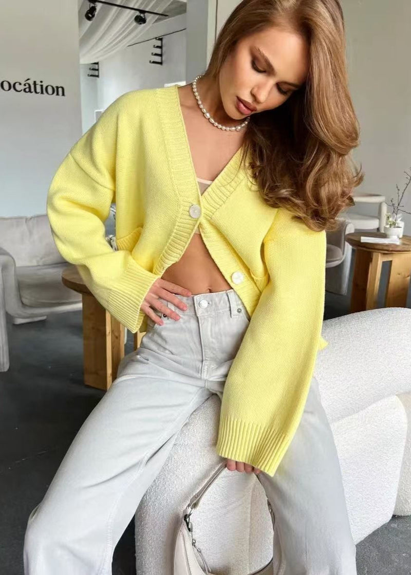 Bright Yellow Oversized Cardigan - ’s V-neck Knit Sweater