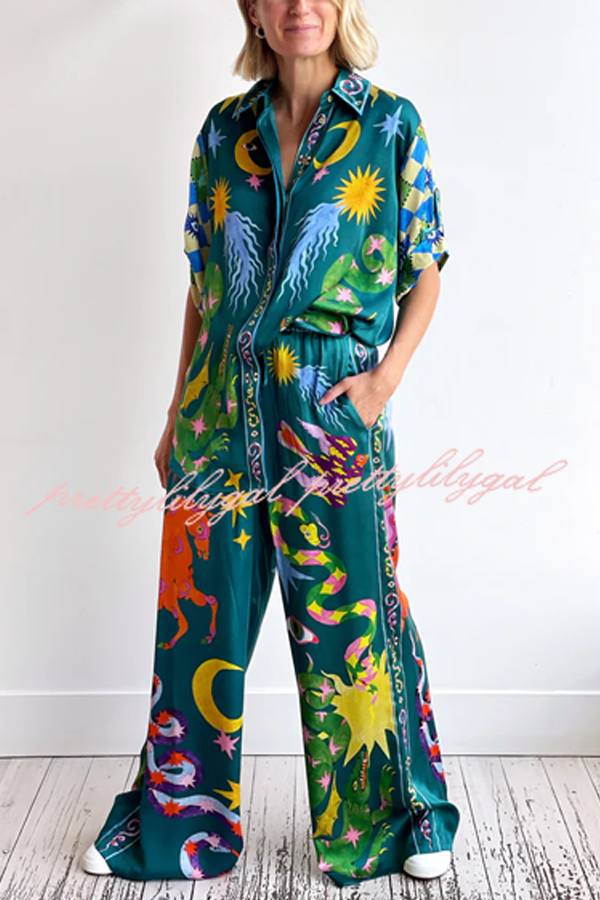 Beachy Linen Blend Unique Print Button Down Oversized Blouse
