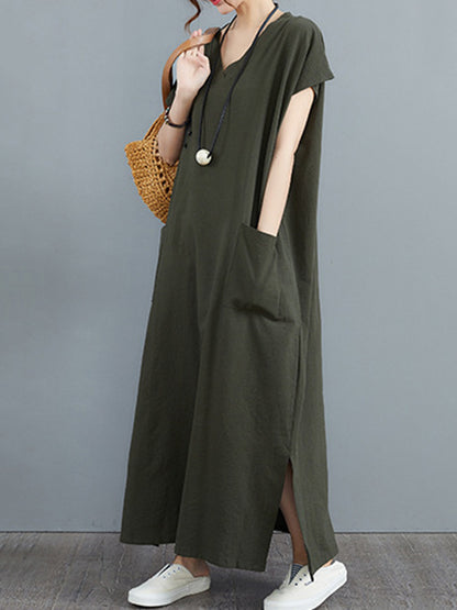 Simple Ramie Cotton Color Split-side With Pocket V-neck Short Sleeves Maxi Dress