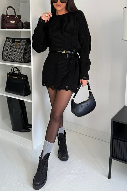 Color Loose Ripped Knitted Mid-length Sweater