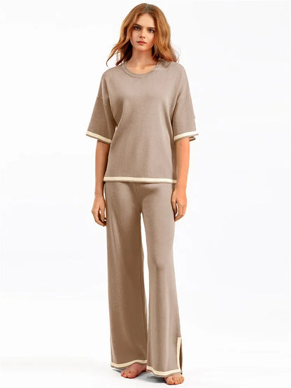 Contrast Knit Trousers 2 Piece-set Female Slim Patchwork Loose Pullover and Wide Leg ’s Pants Sets