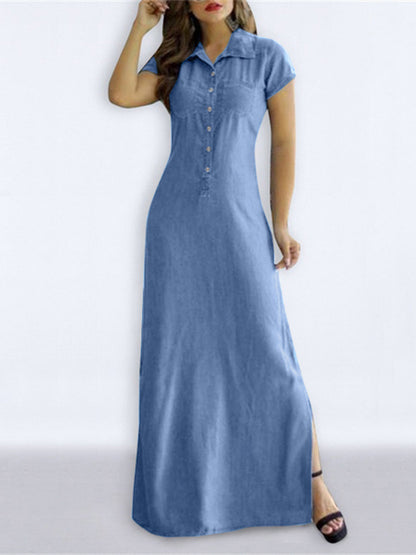 High Waisted Buttoned Pockets Split-side Lapel Maxi Dresses