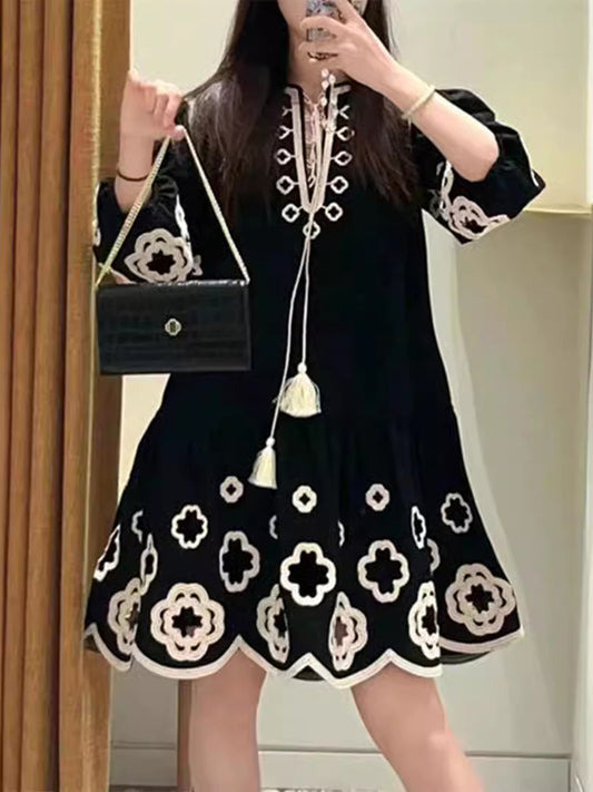 A-line Loose Contrast Color Embroidered Hollow Tied Round-neck Mini Dresses