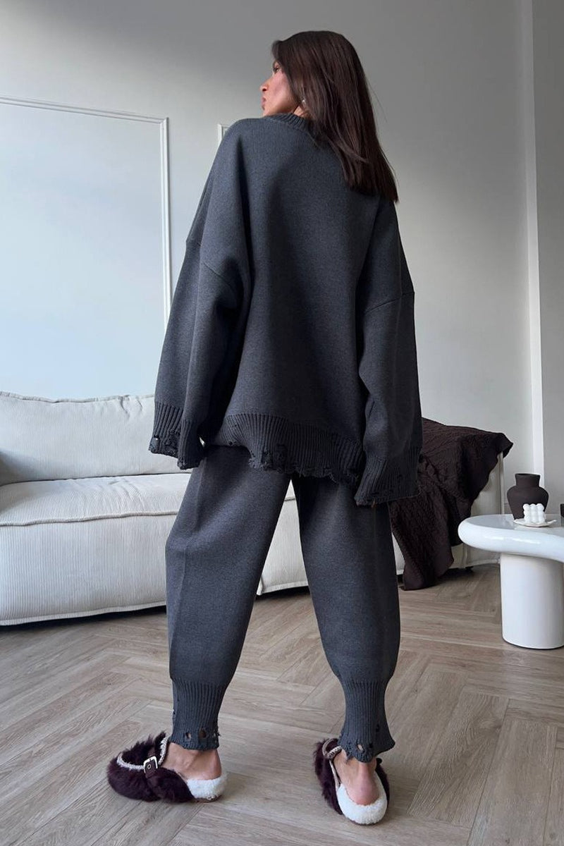 Distressed Knit Crew Neck Sweater Two Piece Set