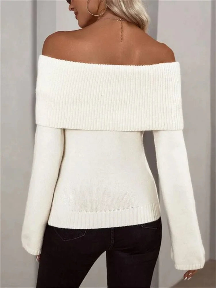 White Knit Sweater Pullover Female Off-shoulder Slim Long Sleeve High Waist Backless Loose Knitwear New
