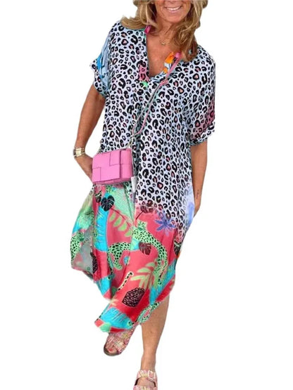 Leopard Print Patchwork Dresses V-neck Short Sleeves Pocket Loose Slit Midi Dress Lady Vestidos Summer New