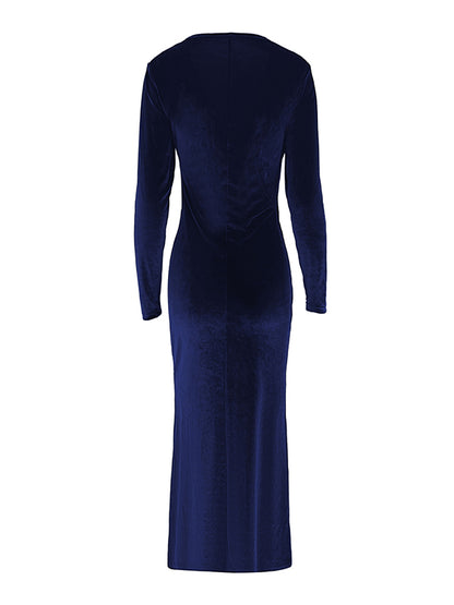 Bodycon Long Sleeves Pleated Color Split-joint V-neck Evening Dresses Maxi Dresses