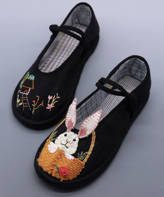 Black Embroidery Buckle Strap Splicing Flat Shoes for