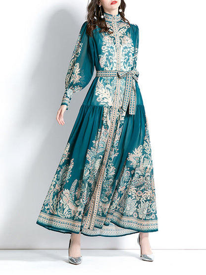 A-line Puff Sleeves Printed See-through Tied Waist Stand Collar Maxi Dresses