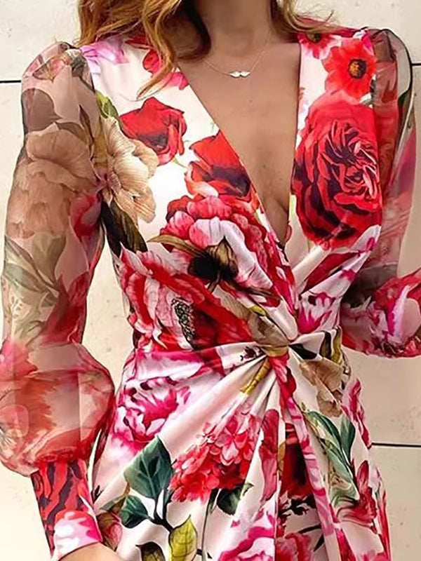 Bodycon Long Sleeves Flower Print Knot Mesh Split-joint Deep V-neck Mini Dresses