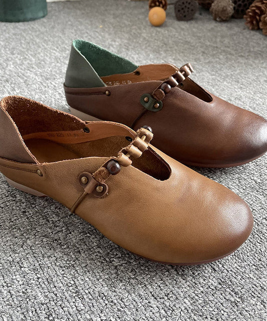 Khaki Genuine Leather Splicing Cross Strap Flat Shoes