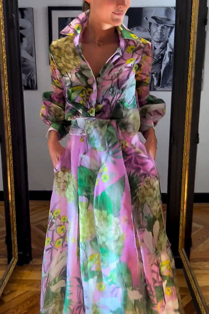 Seeds of Happiness Tulle Print Balloon Sleeve Belt Blouse
