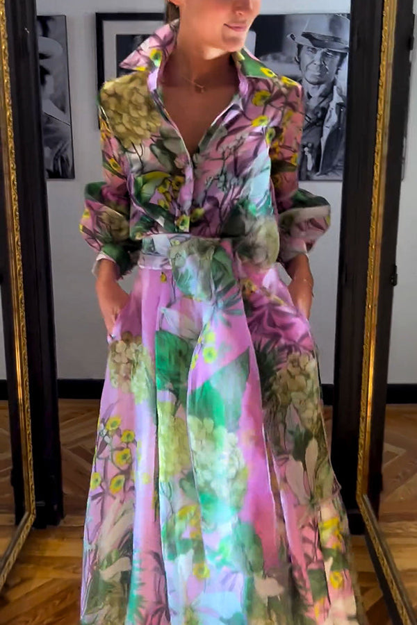Seeds of Happiness Tulle Print Balloon Sleeve Belt Blouse