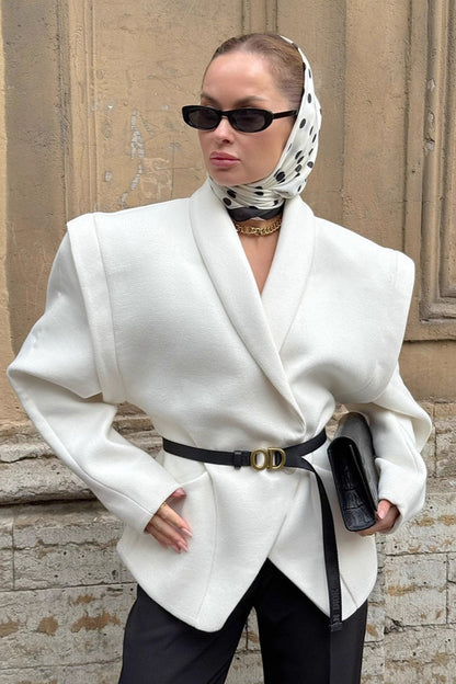 White Wool Thickened Belted Collared Mid-coat