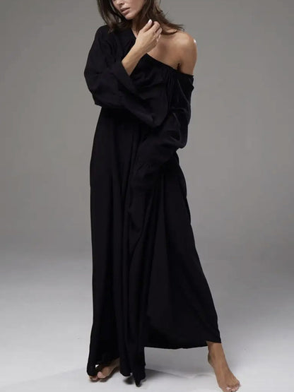 A-line Flared Sleeves Pleated Color Split-joint Round-neck Maxi Dresses