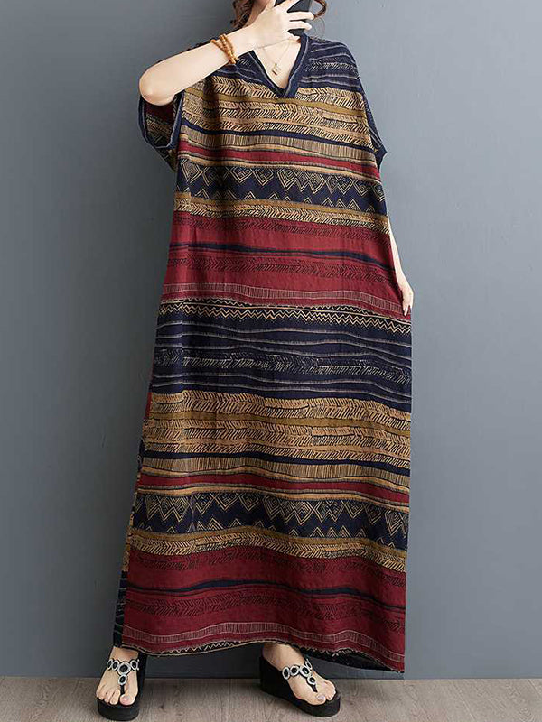 A-line Batwing Sleeves Split-joint Striped V-neck Maxi Dresses
