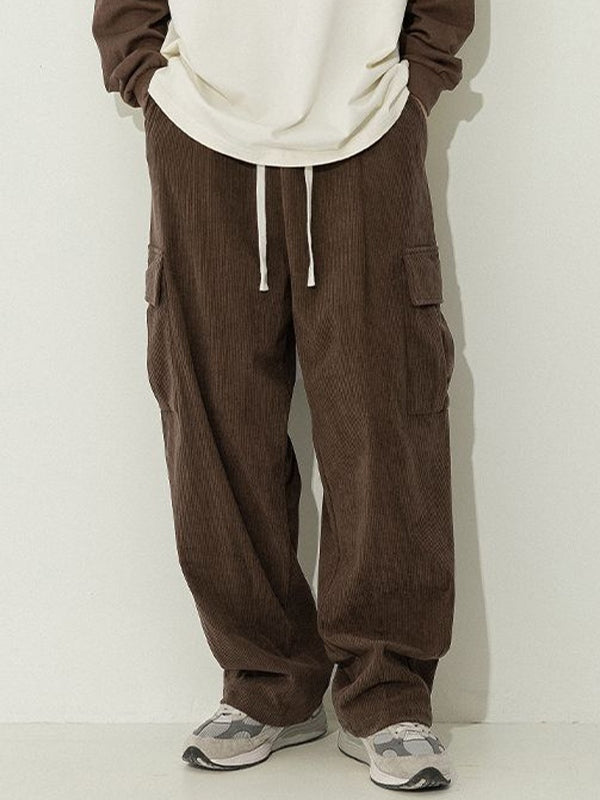 Brown Corduroy Flap Pocket Lace Up Cargo Pants
