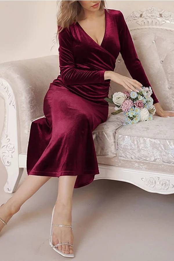 Velvet Long Sleeve V Neck Slim Fit Fishtail Maxi Dress