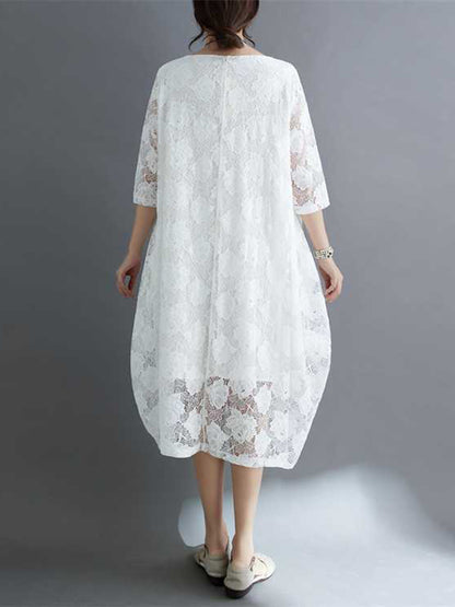 Half Sleeves Loose Hollow Color Round-neck Midi Dresses
