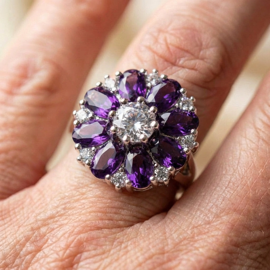 Crystal Purple Stone Sun Flower Engagement Ring