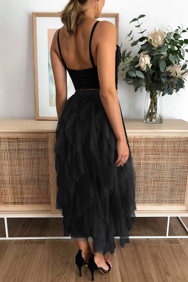 Fashionable Color Puffy Mesh High Waist Slimming Skirt