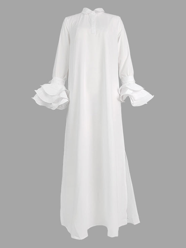 A-line Flared Sleeves Buttoned Color Split-joint Split-side Lapel Maxi Dresses