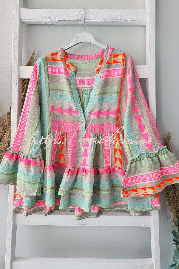 Phylis Linen Blend Colorful Print Bell Sleeve Babydoll Blouse