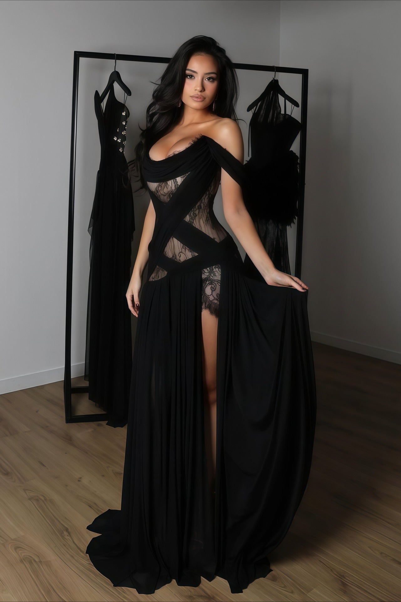 Lace Patchwork Cutout Sheer Slit Maxi Dress