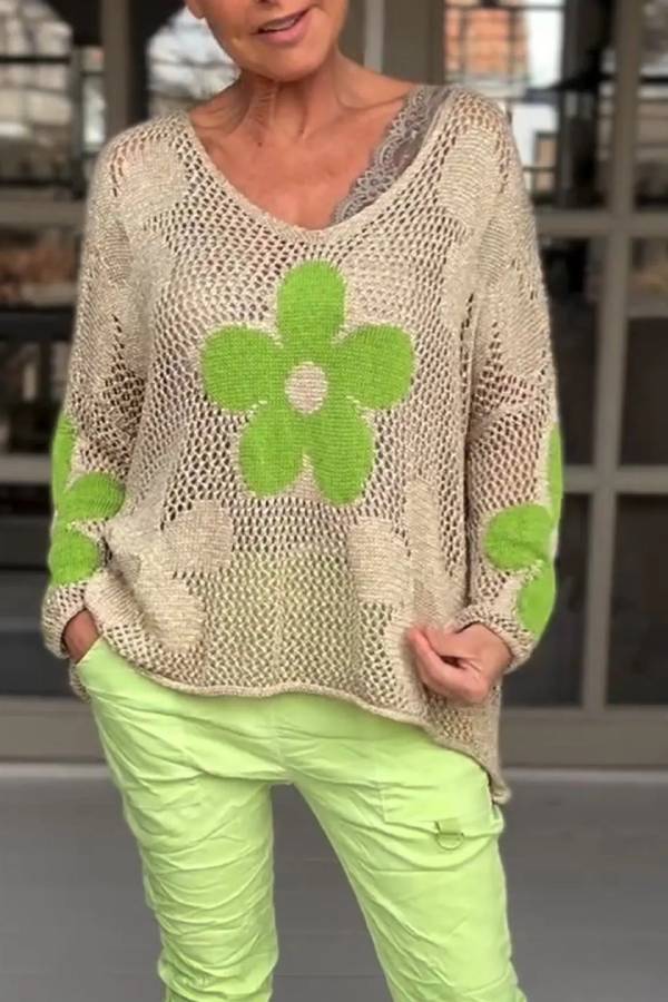 Knitted Hollow V-neck Shirt Mesh Sweater