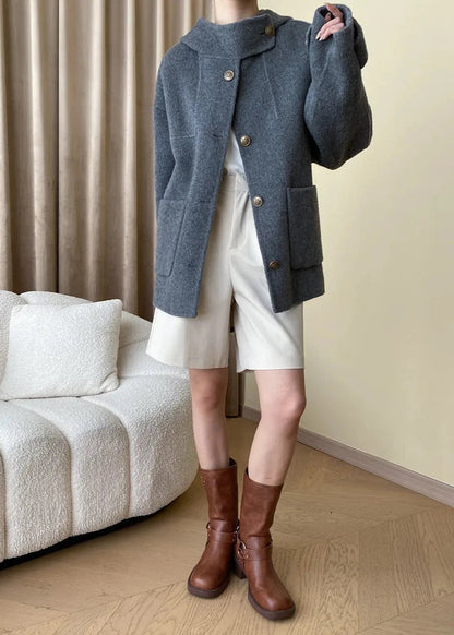 Wool-blend Buttoned Coat With Stand Collar