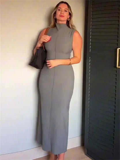 Sleeveless Split Patchwork Long Dress Female Straight Slim High Waist Zipper Maxi Dress Autumn Turtleneck Dress