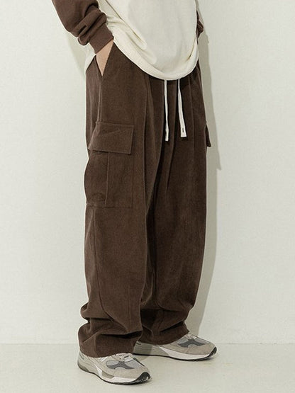 Brown Corduroy Flap Pocket Lace Up Cargo Pants