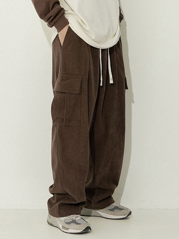Brown Corduroy Flap Pocket Lace Up Cargo Pants