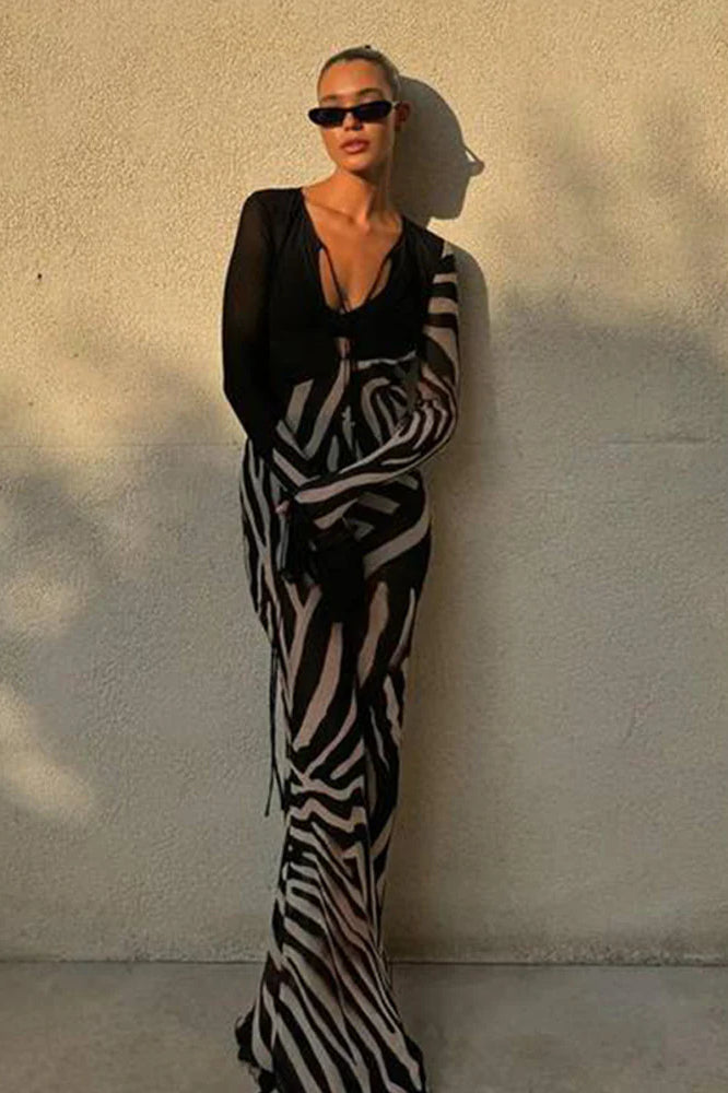 Chiffon V-neck Slim Fit Long Sleeve Maxi Dress
