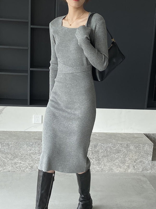 Simple Skinny Long Sleeves Color Square-neck Sweater Dresses