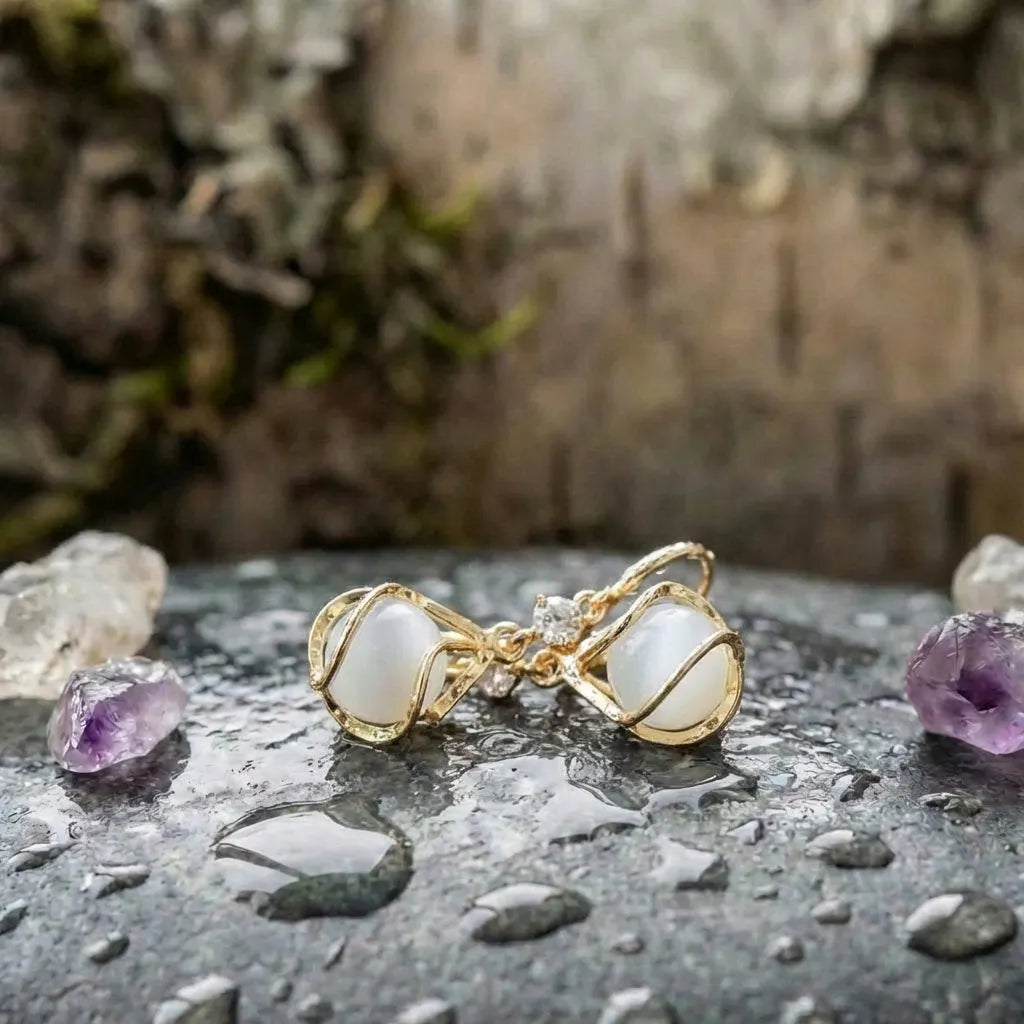 Vintage White Opal Dangling Golden Earrings