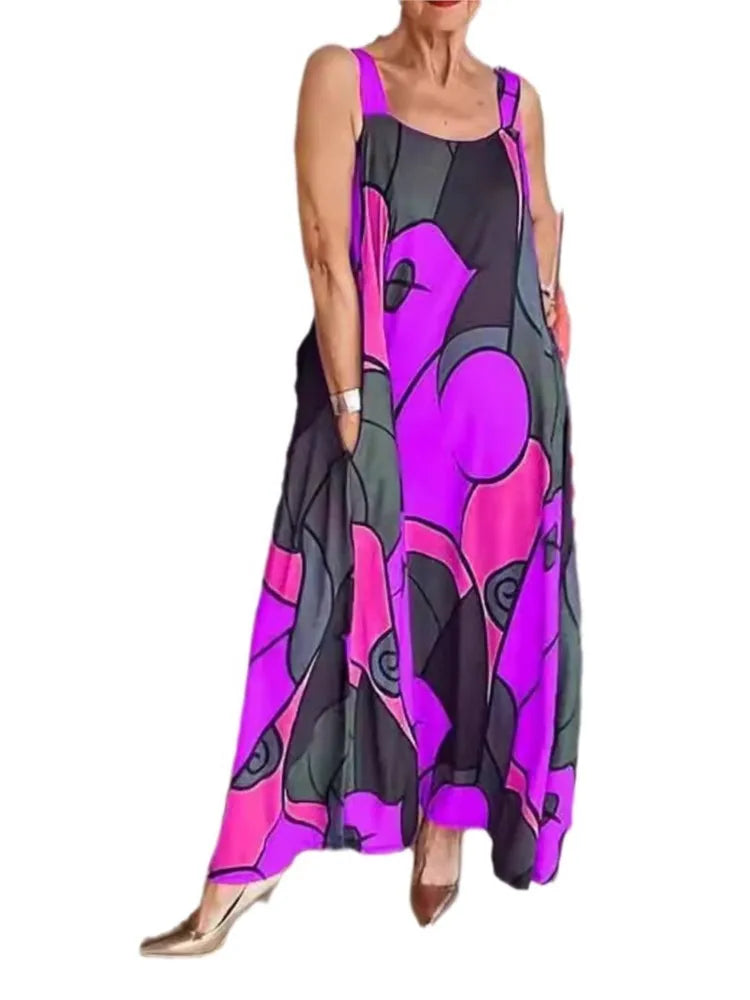Print Spaghetti Strap Dresses Pocket Loose Long Dress Lady Commuting Clothing Maxi Vestidos Summer New
