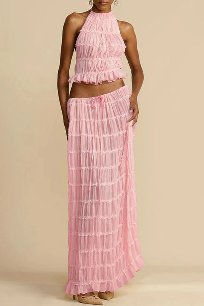 Versatility and Charm Pleated Drawstring Waist Tiered Maxi Skirt