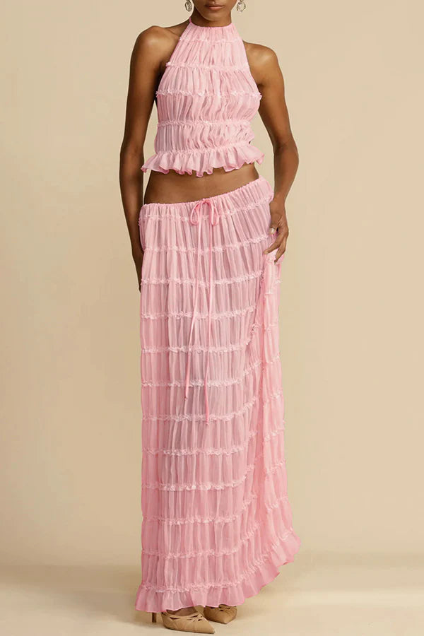 Versatility and Charm Pleated Drawstring Waist Tiered Maxi Skirt