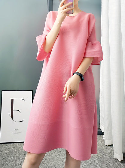 Stylish Selection Flared Sleeves A-line Pleated Color Round-neck Midi Dresses