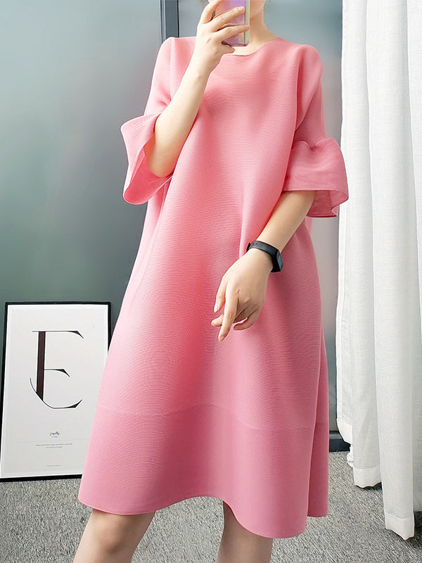 Stylish Selection Flared Sleeves A-line Pleated Color Round-neck Midi Dresses