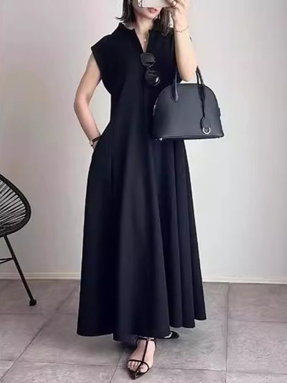 Loose Raglan Sleeve Pleated Color Lapel Maxi Dresses