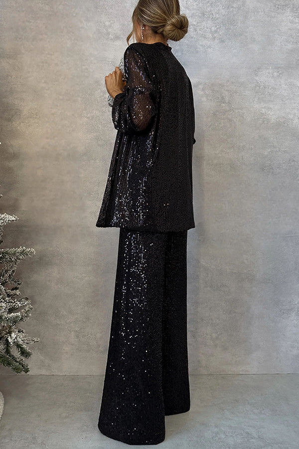 Party Scene Sequin High Rise Elastic Waist Wide Leg Pants