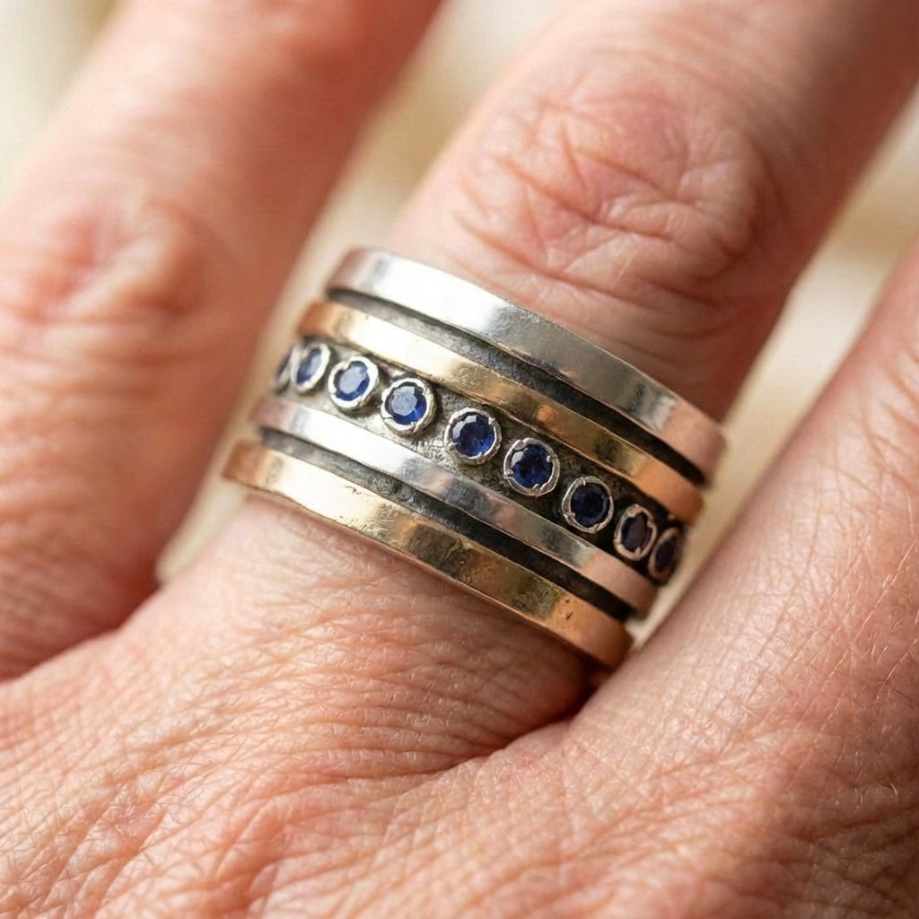 Vintage Inlaid Blue Stones Gold & Silver Ring