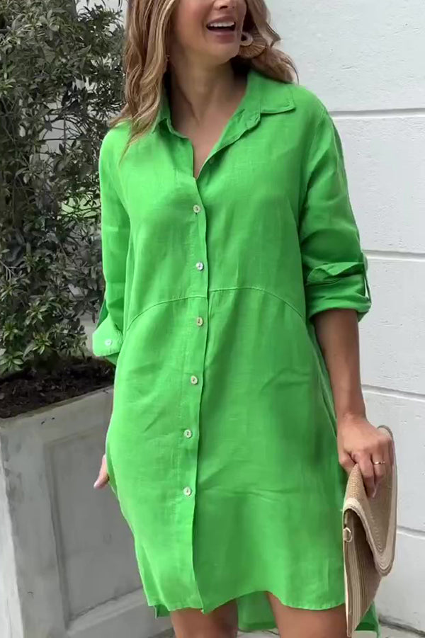 Linen Blend Long Sleeve Button-down Shirt Style Mini Dress