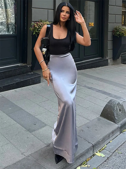 High Waist Long Skirt Slim Patchwork Y2k Maxi Skirt Autumn Satin Maxi Skirt